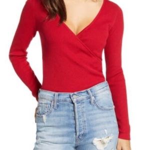 Leith Red Ribbed V-Neck Wrap Sweater